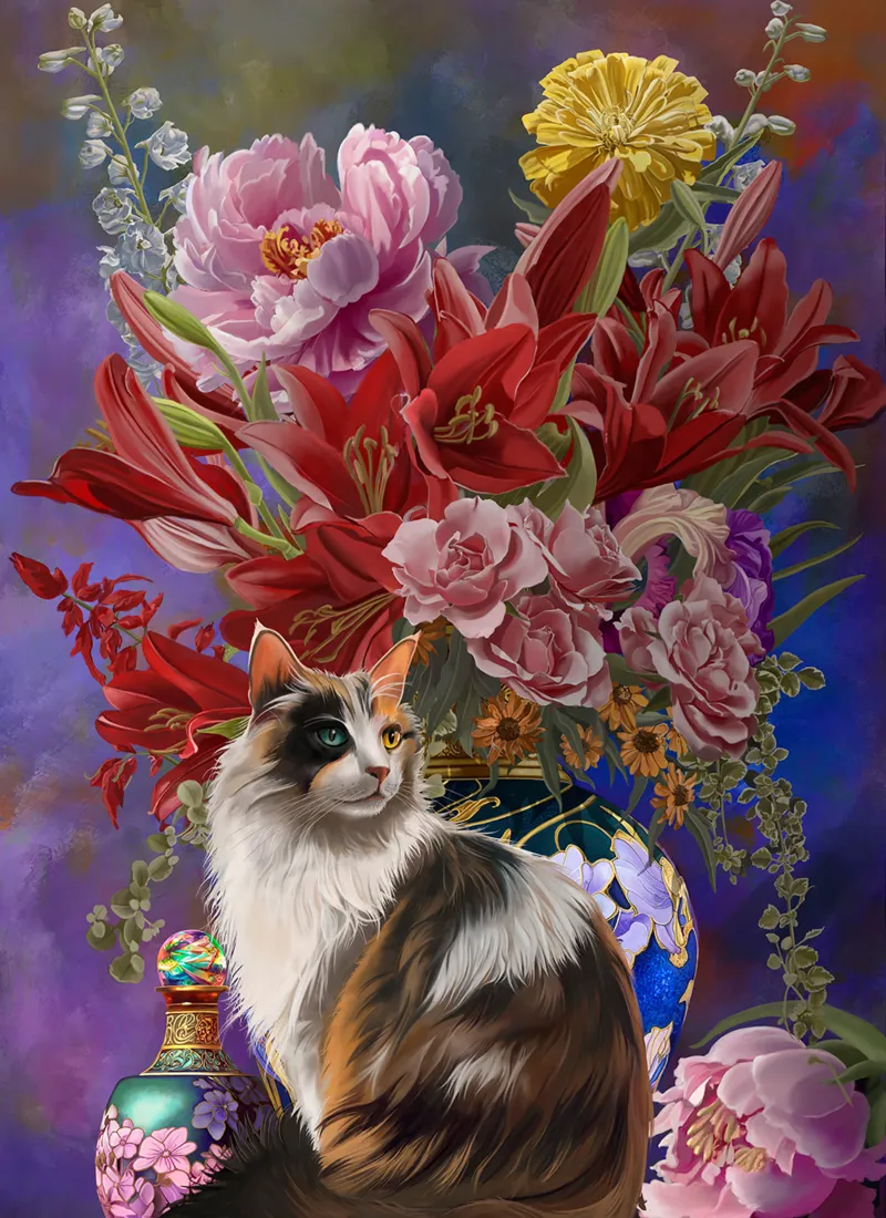 XXL Teile - Cats and Flowers four Chinoiserie