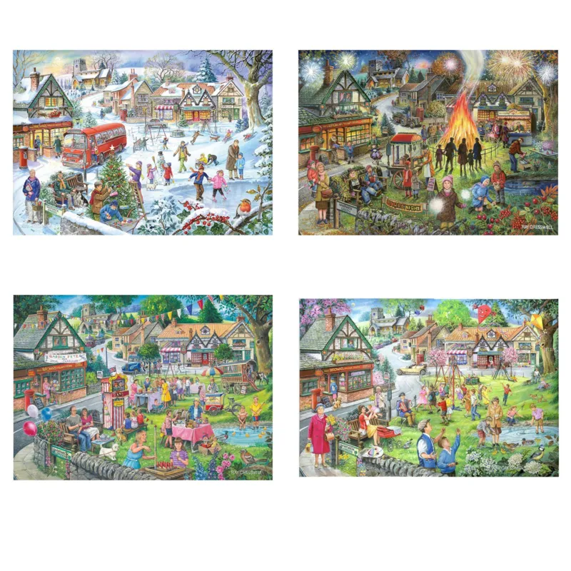4 Puzzles - Dorfplatz im Wandel der Jahreszeiten