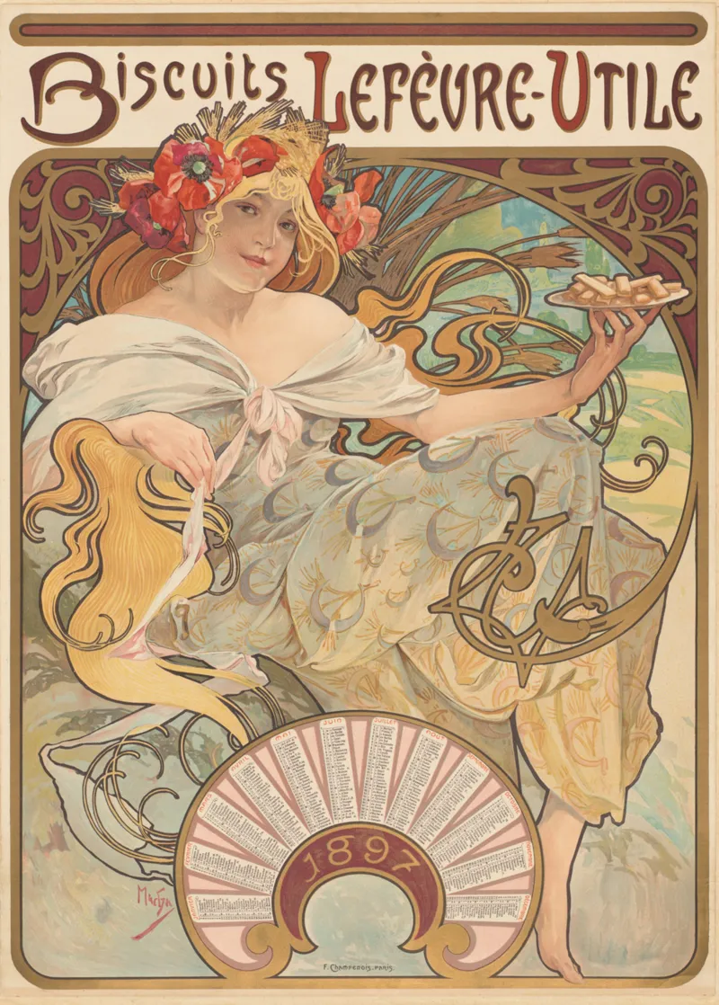 2 Puzzles - L'Art de Mucha : Rêverie, 1898 - Biscuits Lefèvre-Utile, 1896