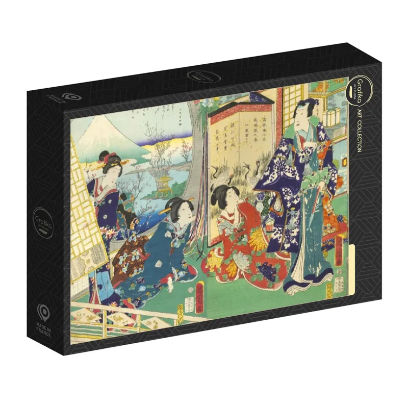 Utagawa Kunichika – Prinz Genji zu Besuch in einer Residenz mit Blick auf den Berg Fuji