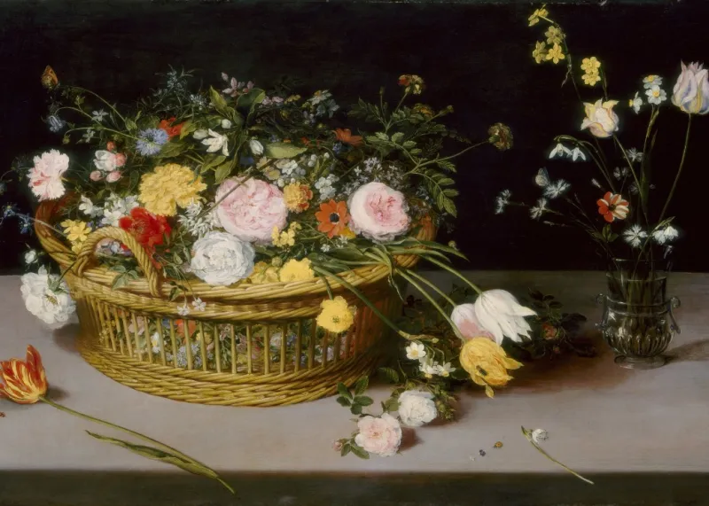 Jan Brueghel - Flowers in a Basket and a Vase, 1615