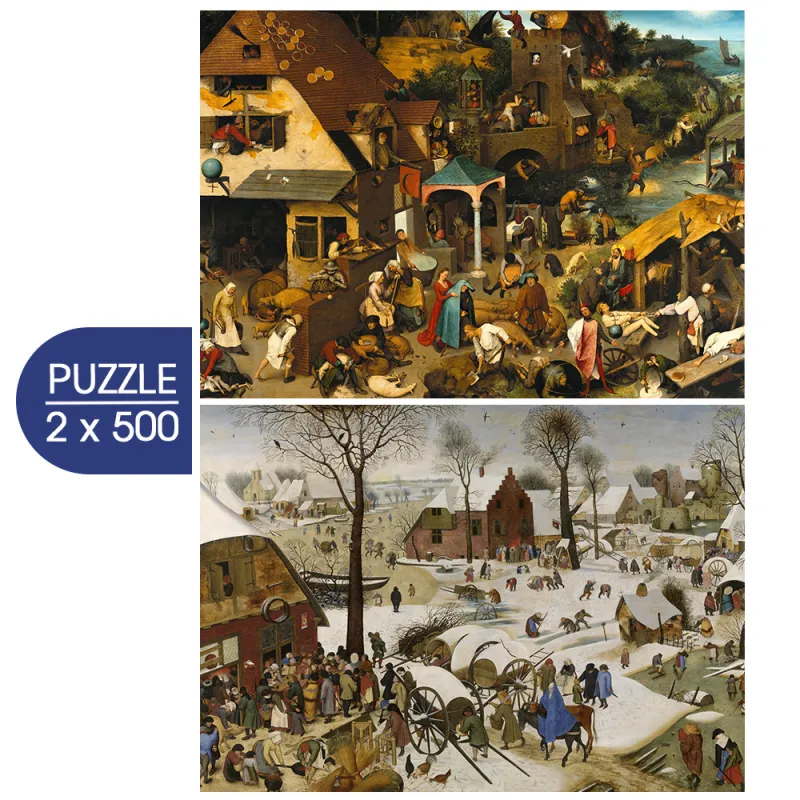 2 Puzzles - Pieter Brueghels Kunst: Niederländische Sprichwörter - Die Volkszählung zu Bethlehem