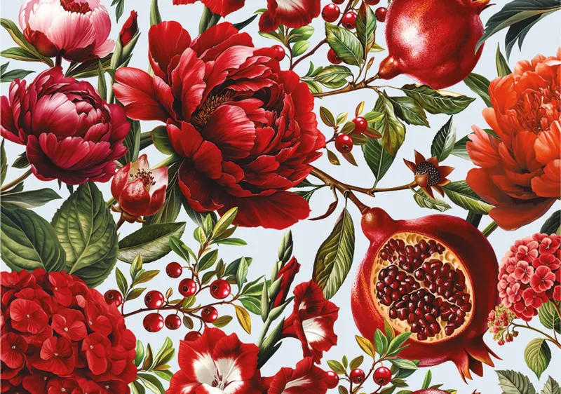 Pfingstrosen und Granatapfel