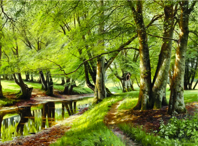 Peder Mørk Mønsted - A Summer Day in the Forest with Deer in the Background