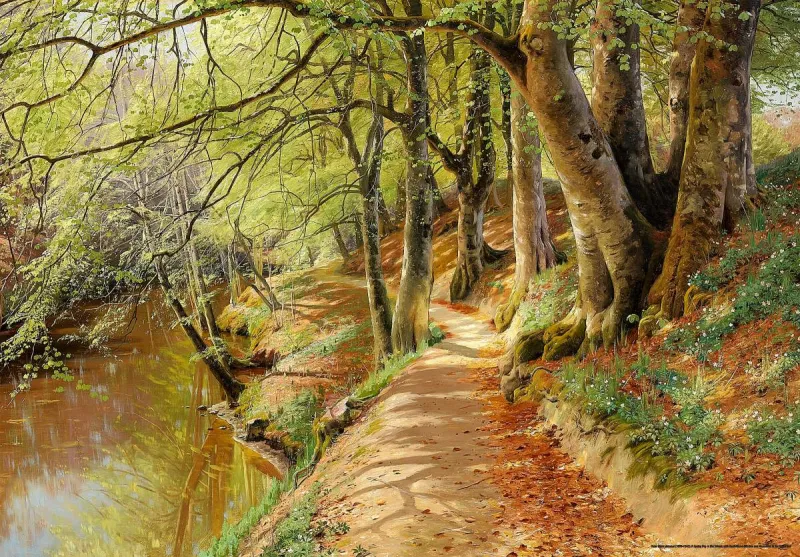 Peder Mørk Mønsted - A Spring Day in the Woods with Fresh-Blown Beeches and Anemones in the Forest B