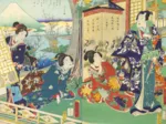 Utagawa Kunichika – Prinz Genji zu Besuch in einer Residenz mit Blick auf den Berg Fuji