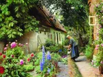 Peder Mørk Mønsted - An Old Woman Watering the Flowers Behind a Thatched Farmhouse